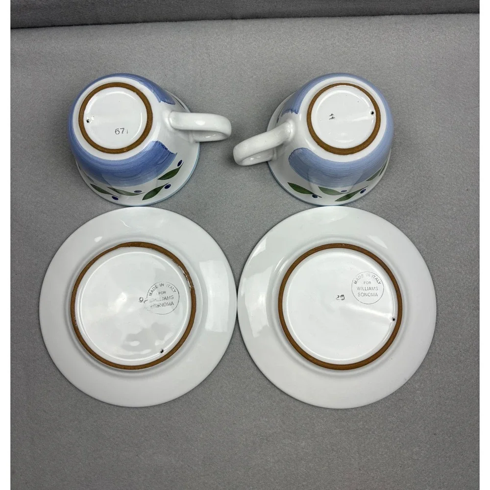 Williams Sonoma Italy Blue Olive Branch Teacups & Saucers Set of 2 Vintage